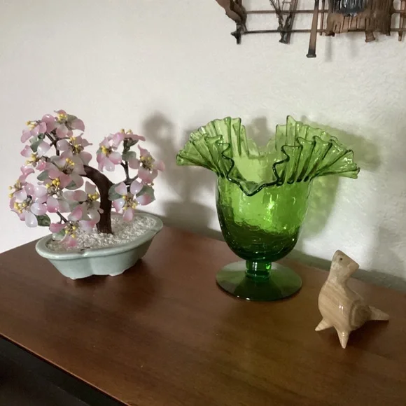 Blenko 388 Green Crackle Art Glass Vase Handcrafted Crimped Ruffled Edge Vintage - Picture 6 of 16